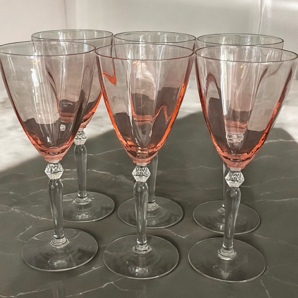 Optic Blush Pink Depression Glass Set of 6 Wine Glasses 8.25" Uranium Glow Stem